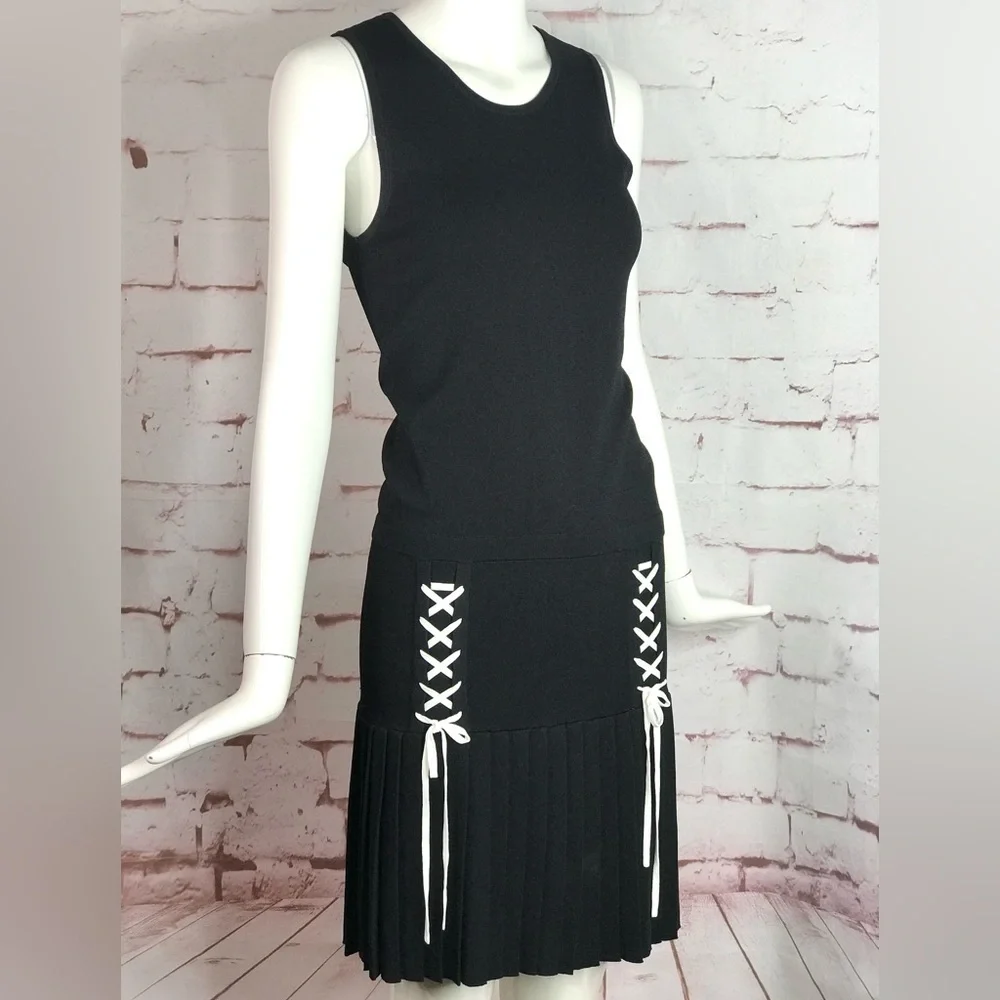 PARKER XS Kennedy Black Knit Pleated Skirt Drop Waist Lace Up Ties Tank Dress XS - Picture 2 of 16